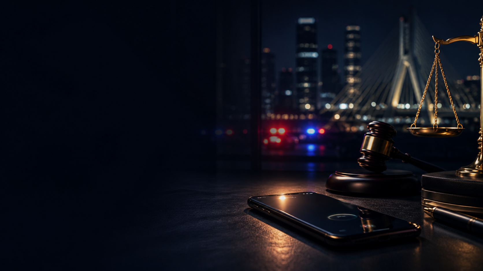 Mesa jurídica noturna com celular, martelo de juiz e luzes policiais representando advogado criminal urgente em São Paulo