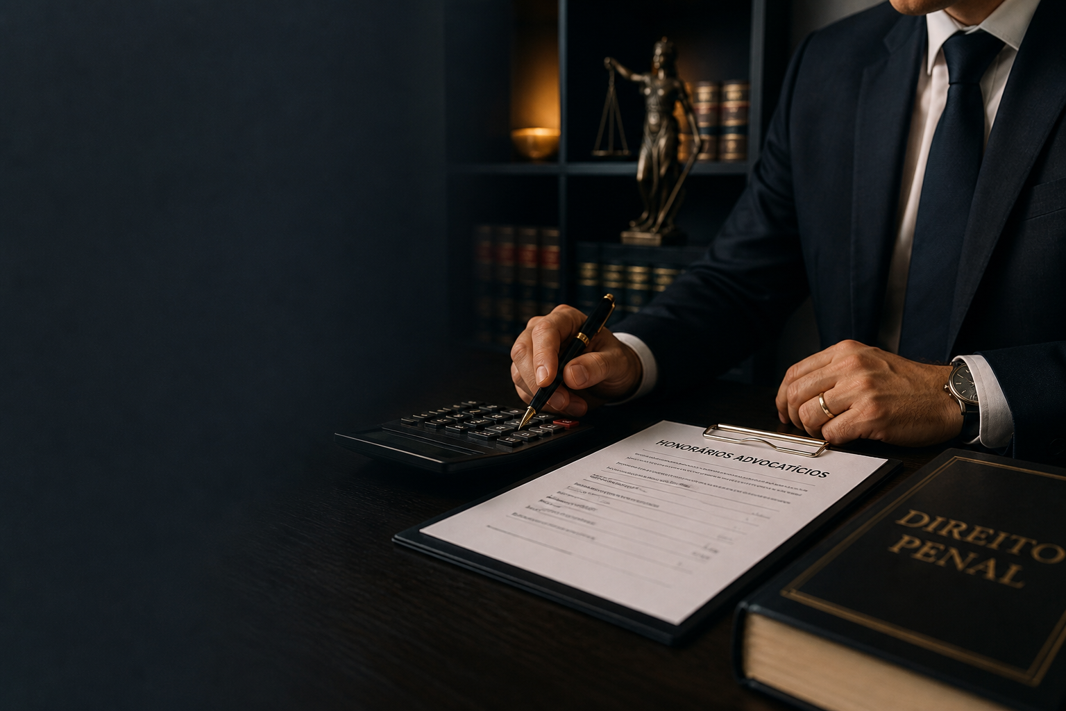 Advogado analisando honorários advocatícios em escritório jurídico para defesa criminal em São Paulo